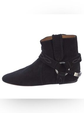 Black Suede Women's Ankle Boot with Harness Detail